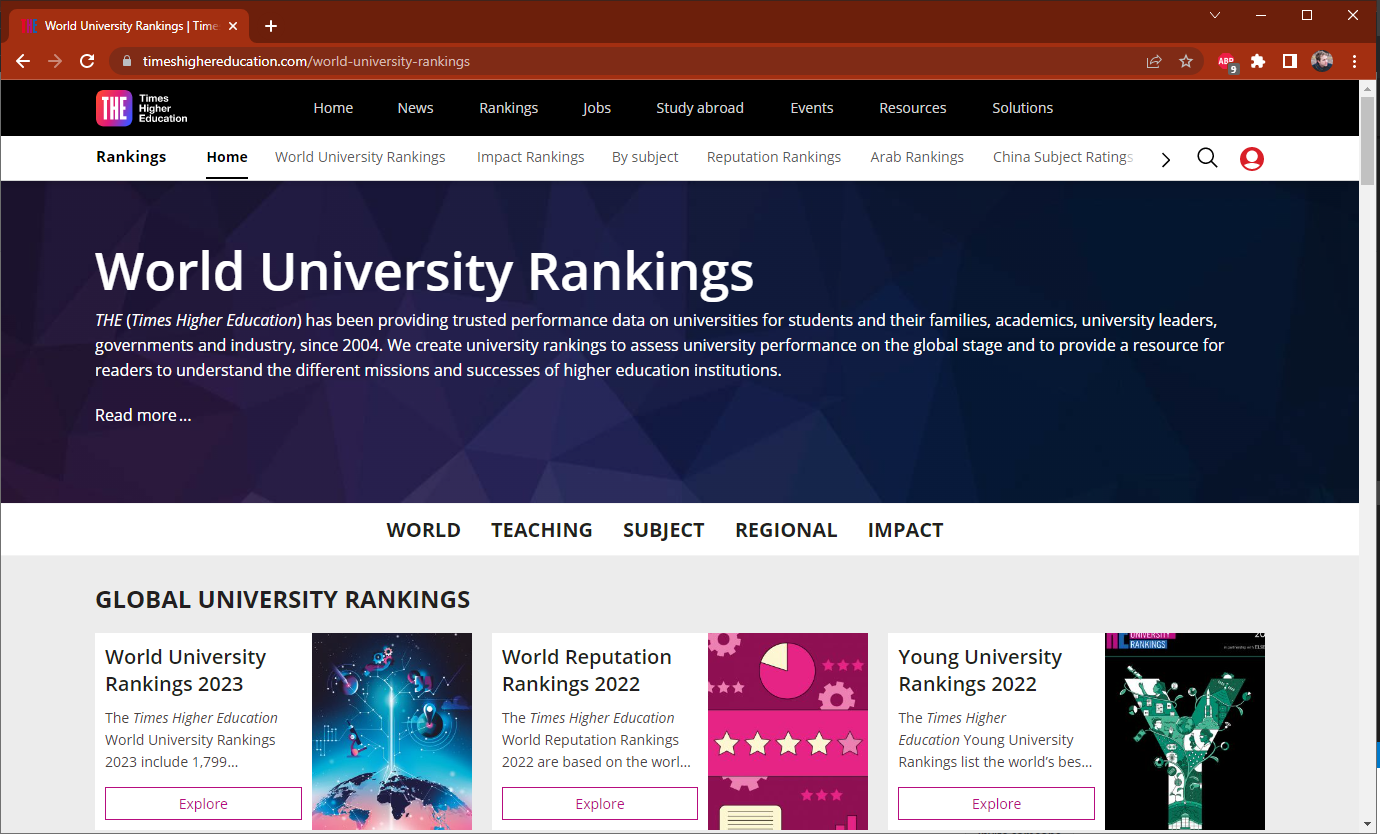 Times Higher Education website of their world university rankings