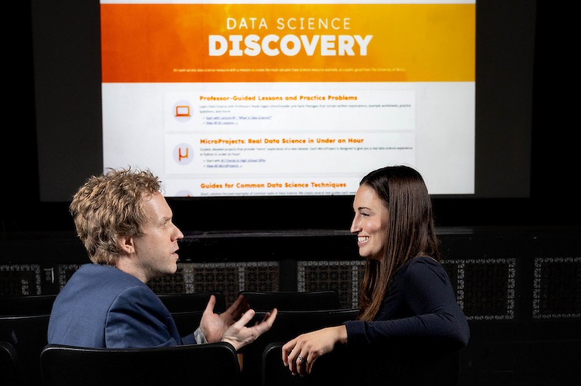 Prof. Karle Flanagan and Prof. Wade Fagen-Ulmschneider teaching Data Science DISCOVERY in Foellinger Auditorium at The University of Illinois